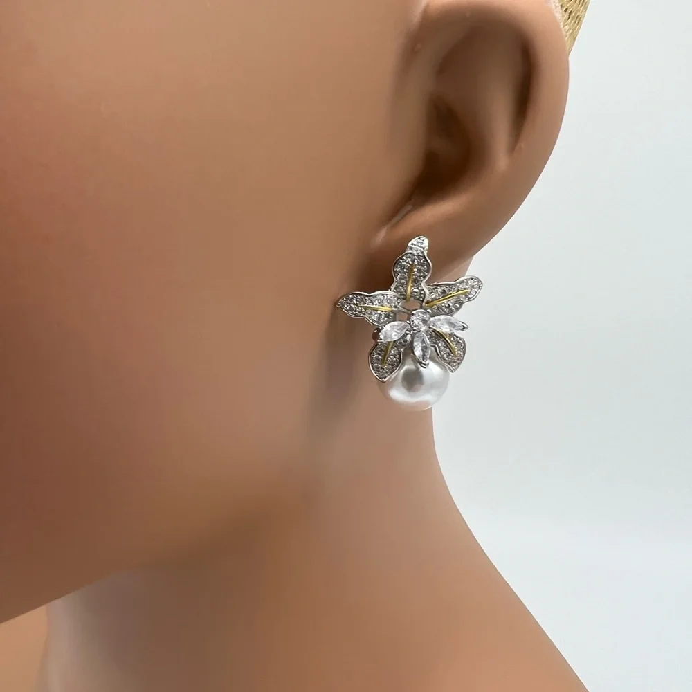 CZ Flower Cluster Pearl Earrings_7